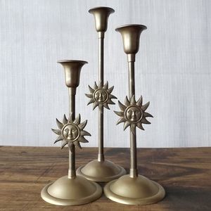 Set of 3 Brass Sun face Candlestick Holders